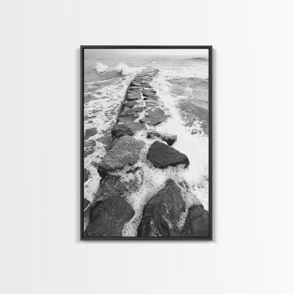 Rocky surf path, ocean jetty power, dramatic sea waves, black white beachscape, Canvas Print, bathroom wall art, nautical minimalist decor