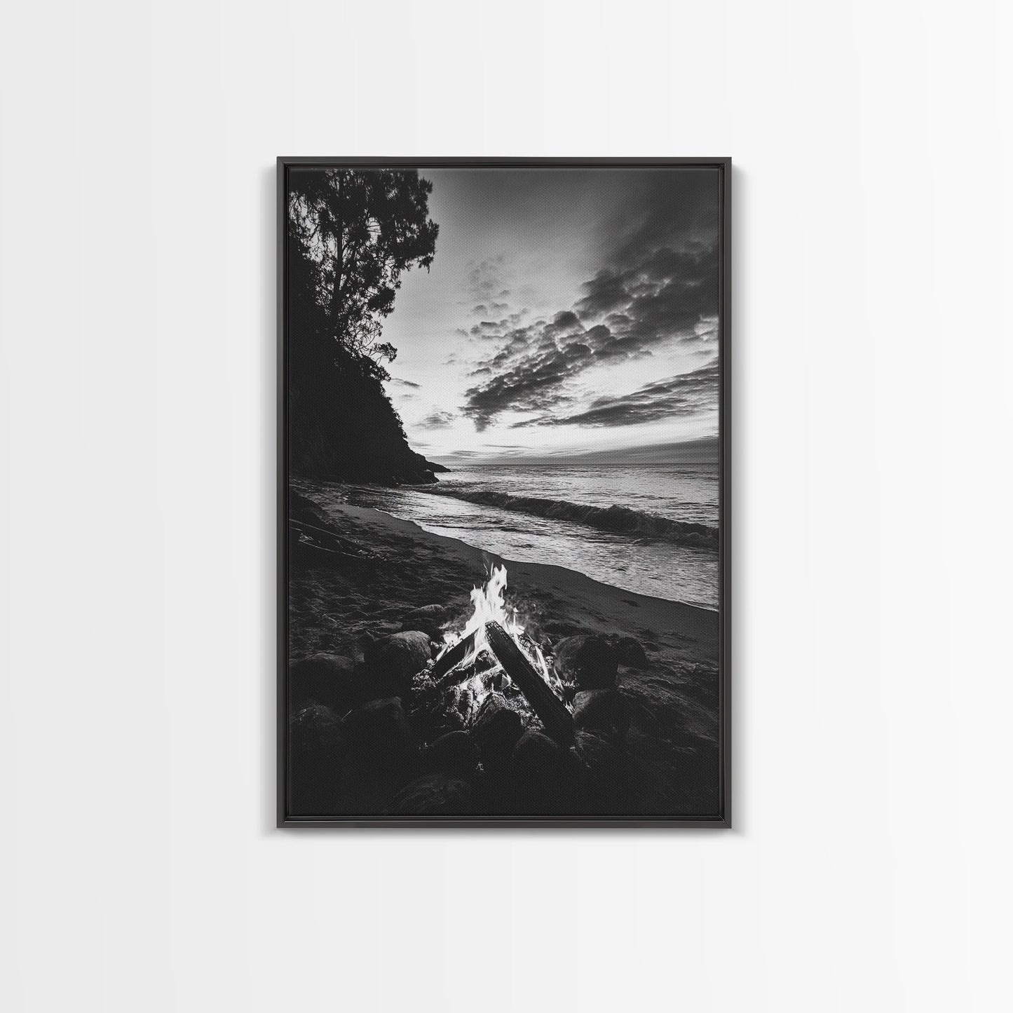 Shoreline fire night, beach flames, evening waves, rustic warmth, Canvas Print, Autumn decor, outdoor adventure minimalist wall art