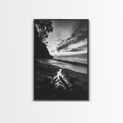 Shoreline fire night, beach flames, evening waves, rustic warmth, Canvas Print, Autumn decor, outdoor adventure minimalist wall art
