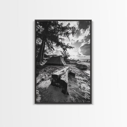 Tent, Beach, Sunset, Trees - Rustic camping coastal escape vibe, Framed Canvas Print, ideal bedroom or adventure nursery decor, outdoor art