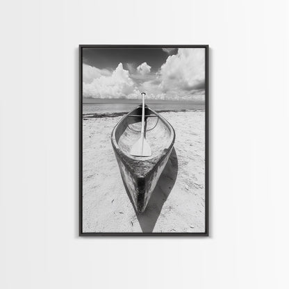 Paddle, Canoe, Beach, Clouds - Summer boating scene, Canvas Print, ideal bathroom or guestroom nautical art, rustic coastal boho wall decor