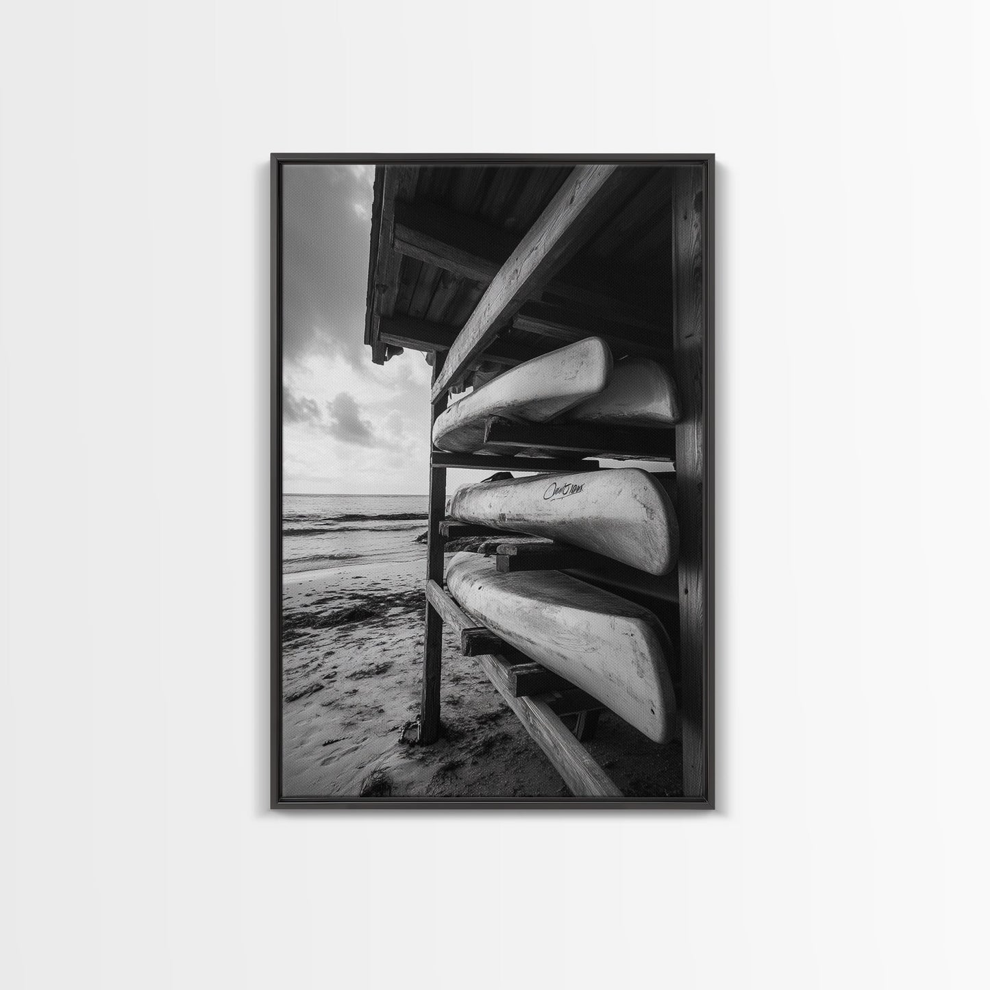 Canoes, Rack, Ocean, Shelter - Surf shack vibes with coastal canoe stack, Framed Canvas Print, great beach house or boho hallway art, grayscale