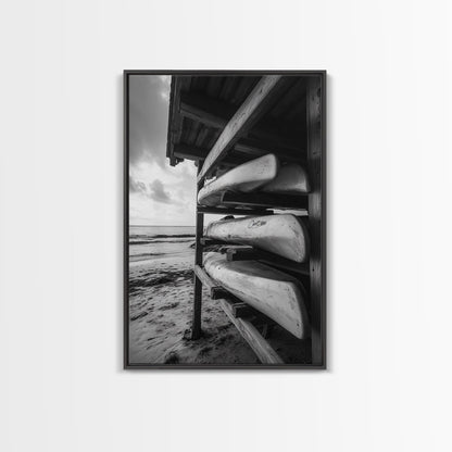 Canoes, Rack, Ocean, Shelter - Surf shack vibes with coastal canoe stack, Framed Canvas Print, great beach house or boho hallway art, grayscale