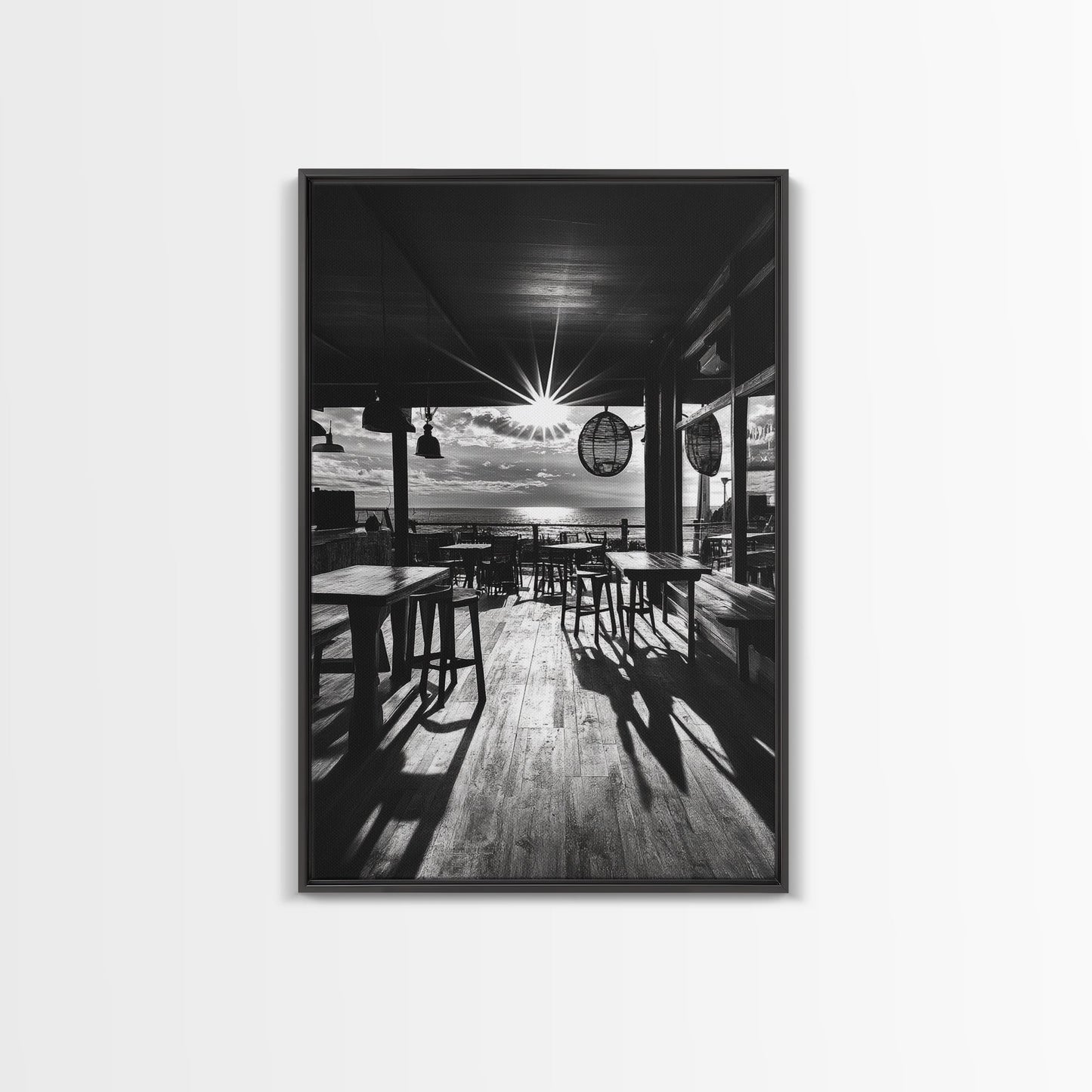 Ocean, Deck, Sunset, Rays - Golden hour beach bar shadows, Canvas Print, perfect dining room or kitchen wall art, rustic coastal decor