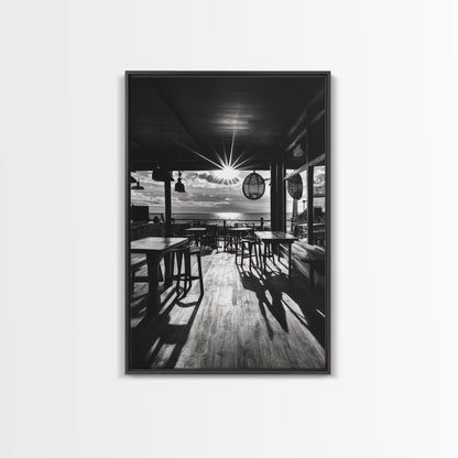 Ocean, Deck, Sunset, Rays - Golden hour beach bar shadows, Canvas Print, perfect dining room or kitchen wall art, rustic coastal decor