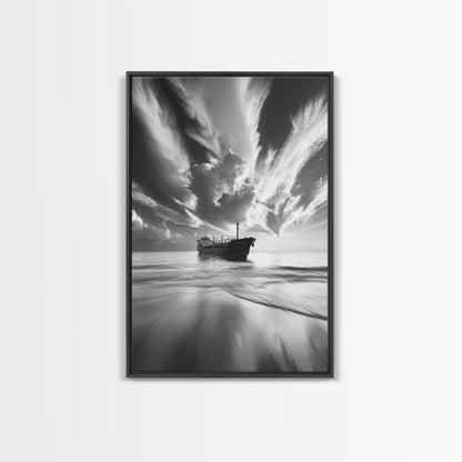 Stormy Sky Ship, Dramatic Seascape, Black White Photography, Ocean Nautical Decor, Framed Canvas Print, Coastal Wall Art, Moody Minimalist