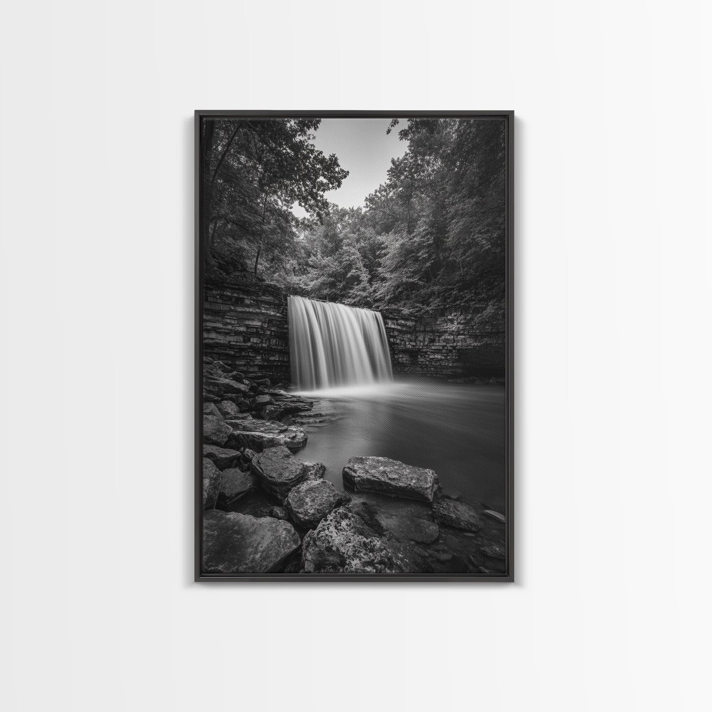 Waterfall Serenity, Nature Escape, River Rock Flow, Bedroom Wall Decor, Framed Canvas Print, Modern Rustic Forest Wall Art