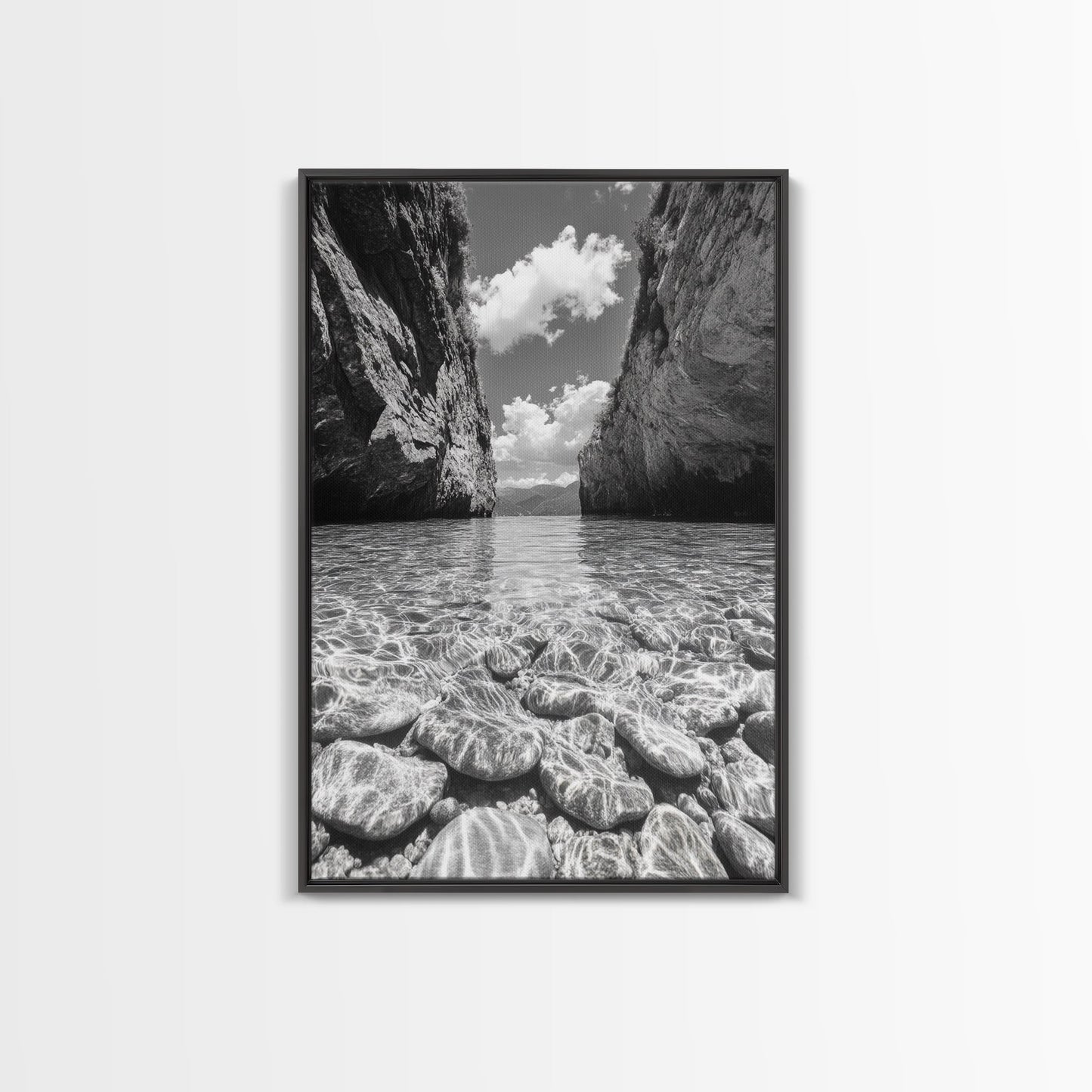 Clear Waterscape, Rocky Shoreline, Tropical Escape, Nature Photography, Framed Canvas Print, Beach House Coastal Wall Art