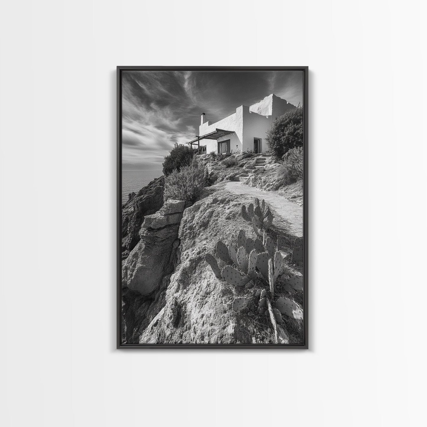 Cliffside Villa, Mediterranean Home, Desert Garden, Rustic Landscape Print, Framed Canvas Print, Modern Boho Living Room Art