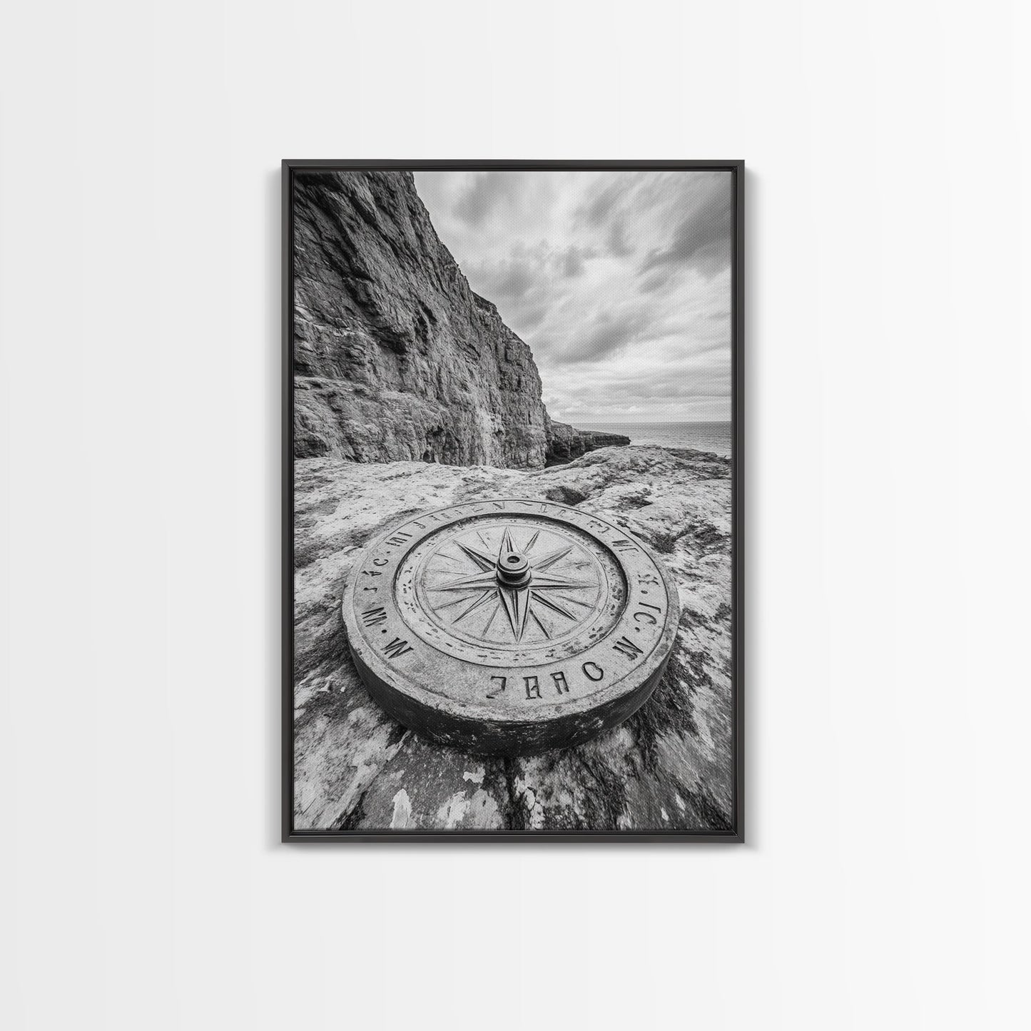 Compass On Cliff, Adventure Travel Art, Nautical Wall Decor, Framed Canvas Print, Rustic Office Art, Nature Explorer Gift Idea