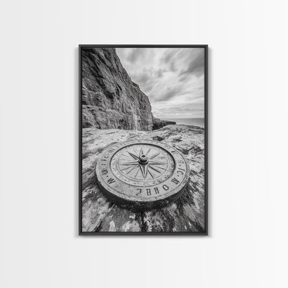 Compass On Cliff, Adventure Travel Art, Nautical Wall Decor, Framed Canvas Print, Rustic Office Art, Nature Explorer Gift Idea