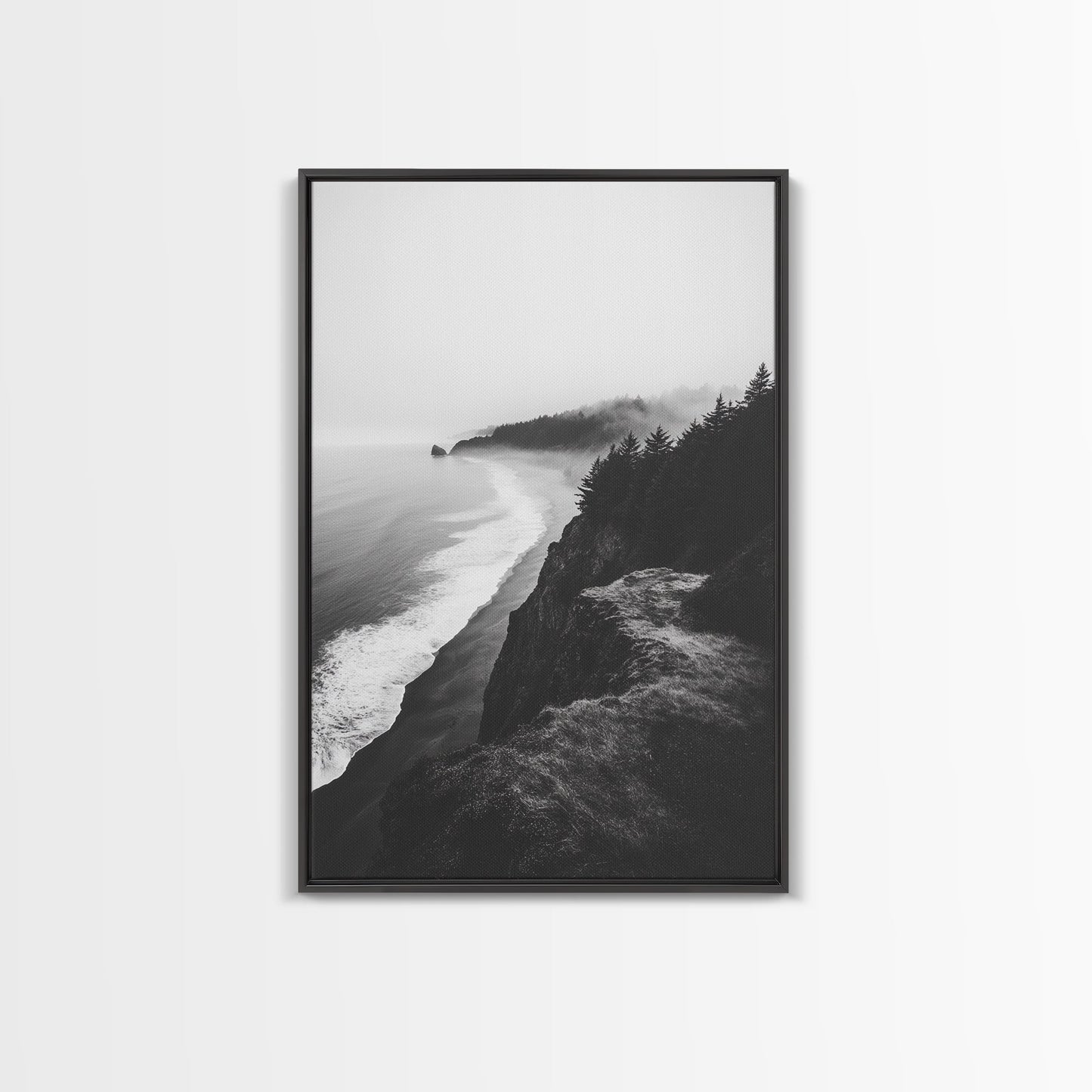 Misty Coastline, Pine Forest, Foggy Morning, Framed Canvas Print, Moody Nature Decor, Living Room Wall Art, Monochrome Style