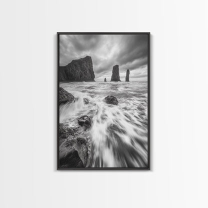 Sea Stacks Seascape, Ocean Art, Moody Coastline Print, Nature Photography, Framed Canvas Print, Living Room Wall Art, Black White Seaside