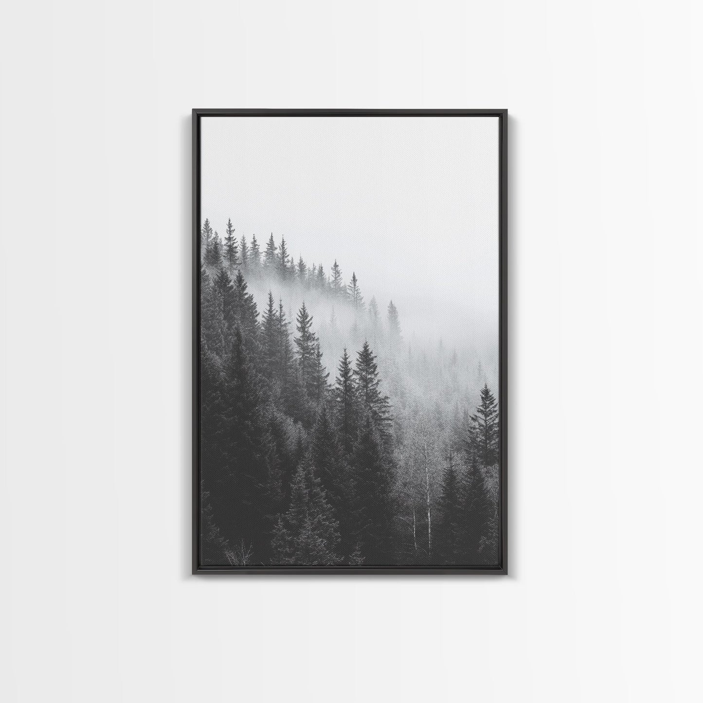 Misty Forest, Pine Trees, Foggy Morning, Canvas Print, Moody Nature Wall Art, Nordic Bedroom Decor, Monochrome Forest Landscape