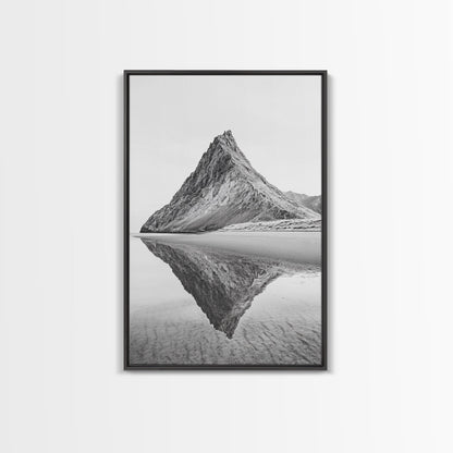 Mountain Mirror, Coastal Peak, Serene Beach, Canvas Print, Minimalist Landscape Art, Modern Living Room Wall Decor, Monochrome Nature Style