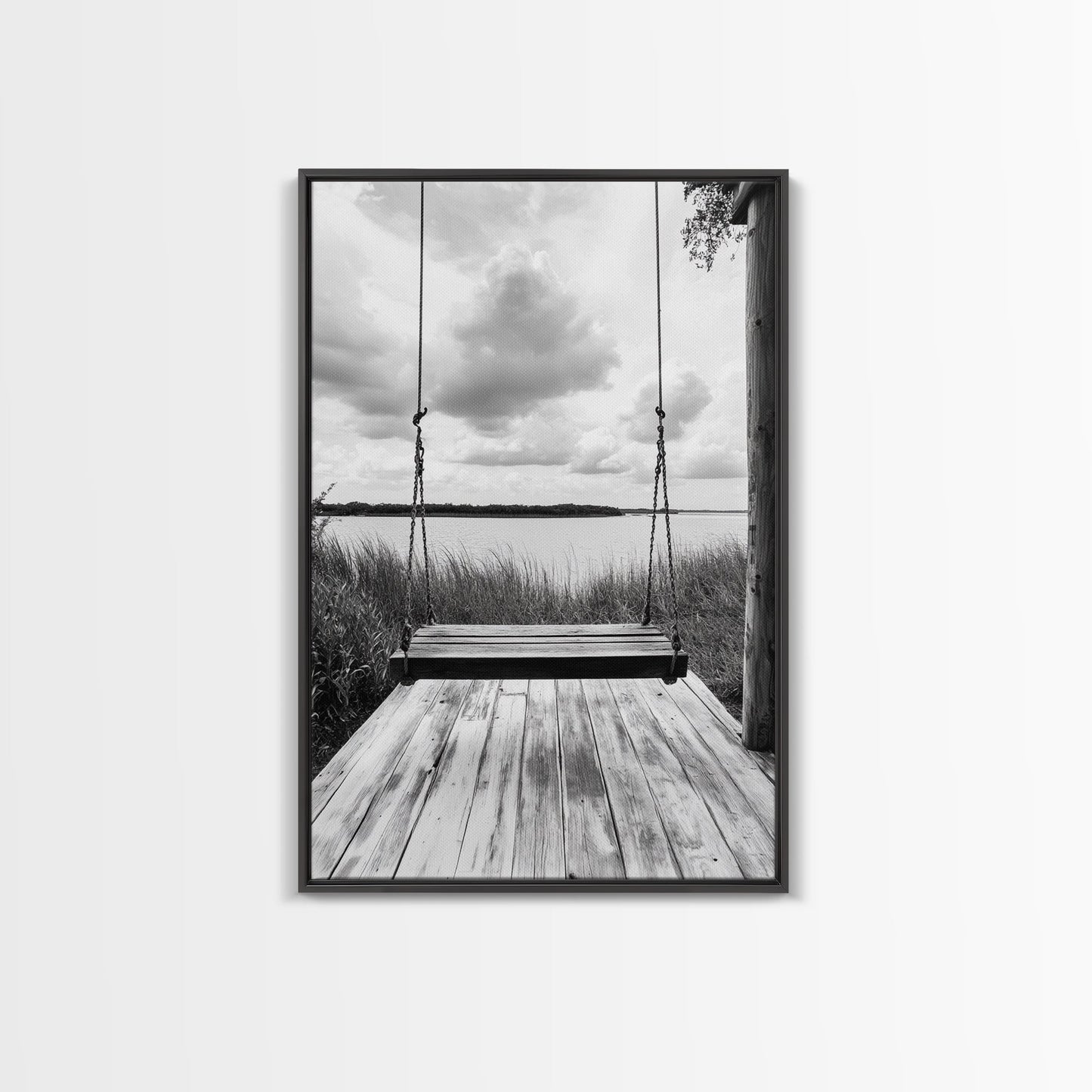 Lake Swing, Cloudy Sky, Calm View, Framed Canvas Print, Farmhouse Wall Art, Serene Kitchen Decor, Rustic Black and White Photography