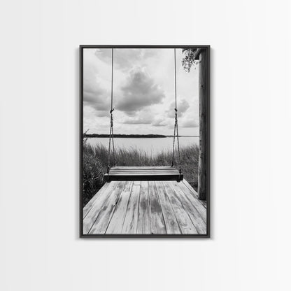 Lake Swing, Cloudy Sky, Calm View, Framed Canvas Print, Farmhouse Wall Art, Serene Kitchen Decor, Rustic Black and White Photography