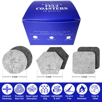 Premium Felt Coasters for Drink Set of 18 Pcs - (square/circle/hexagon)