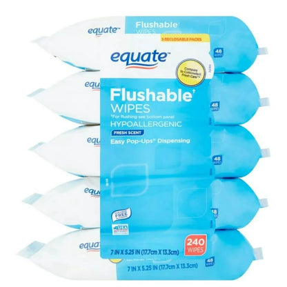 Flushable Wipes, Fresh Scent, 5 packs of 48 wipes, 240 Total Wipes