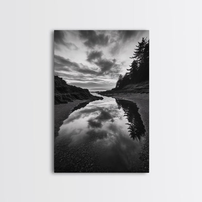 Reflective Tide Pool, Dramatic Sky, Forest Silhouette, Black and White Seascape, Framed Canvas Print, Living Room Wall Art, Nature Boho Style