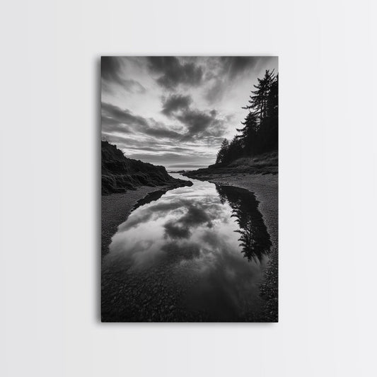 Reflective Tide Pool, Dramatic Sky, Forest Silhouette, Black and White Seascape, Framed Canvas Print, Living Room Wall Art, Nature Boho Style