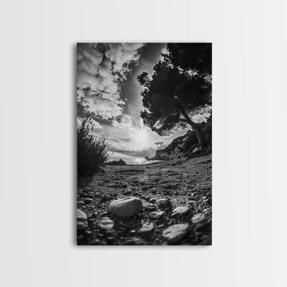 Sunset Beach View, Wide Angle Perspective, Nature Shoreline, Monochrome Landscape, Framed Canvas Print, Hallway Wall Art, Beach Decor