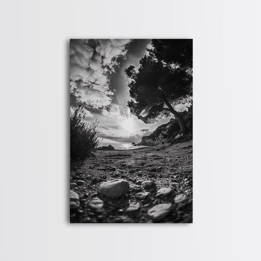 Sunset Beach View, Wide Angle Perspective, Nature Shoreline, Monochrome Landscape, Framed Canvas Print, Hallway Wall Art, Beach Decor