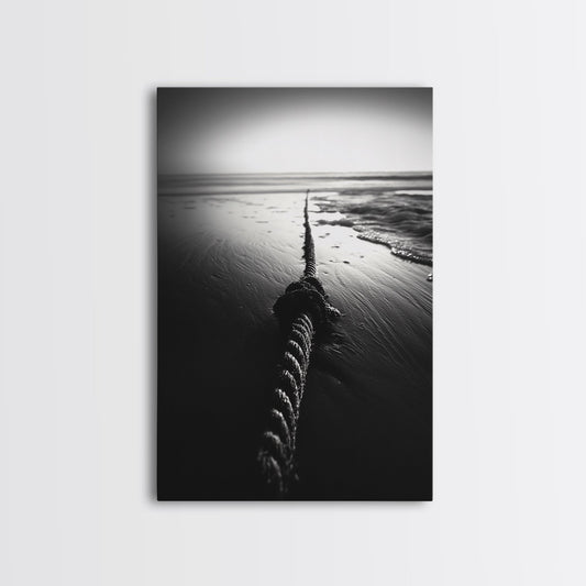 Ocean Rope Shore, Nautical Minimalism, Seaside Monochrome, Black and White Calm, Framed Canvas Print, Bedroom Wall Art, Coastal Decor
