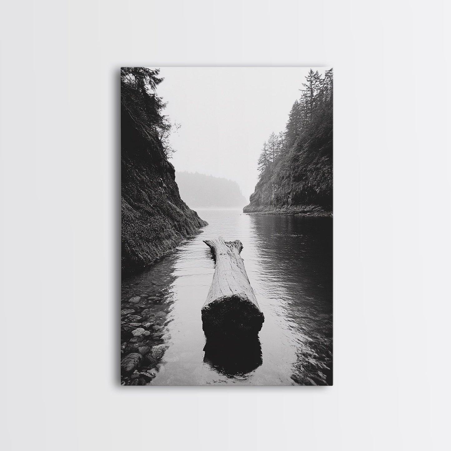 Driftwood Log, River Pass, Nature Silence, Misty Gorge, Framed Canvas Print, Office Wall Art, Modern Nature Decor, Moody Forest Style