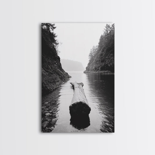 Driftwood Log, River Pass, Nature Silence, Misty Gorge, Framed Canvas Print, Office Wall Art, Modern Nature Decor, Moody Forest Style