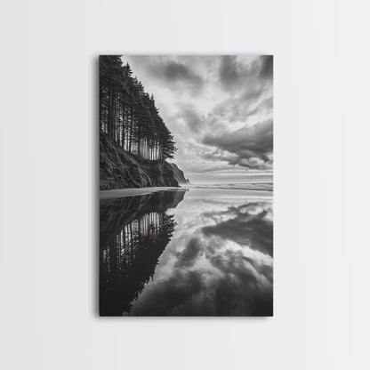 Ocean Cliff Reflection, Dramatic Coastline Art, Cloudy Sky Canvas, Framed Canvas Print, Living Room Wall Art, Moody Landscape Photography