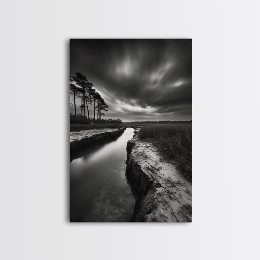 Misty Marsh Path, Moody Landscape, Nature Wall Decor, Living Room Art, Canvas Print, Black and White Photography, Autumn Wall Art