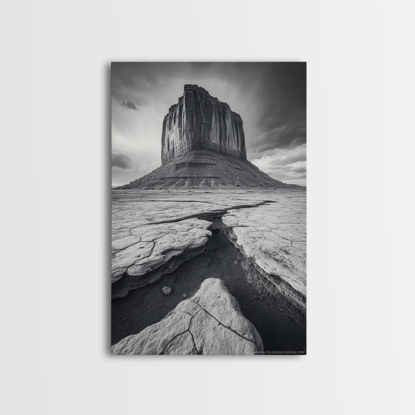 Monument Valley Cliff, Desert Rockscape, Framed Canvas Print, Western Wall Art, Office Decor, Black and White Photography