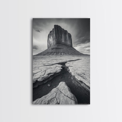 Monument Valley Cliff, Desert Rockscape, Framed Canvas Print, Western Wall Art, Office Decor, Black and White Photography
