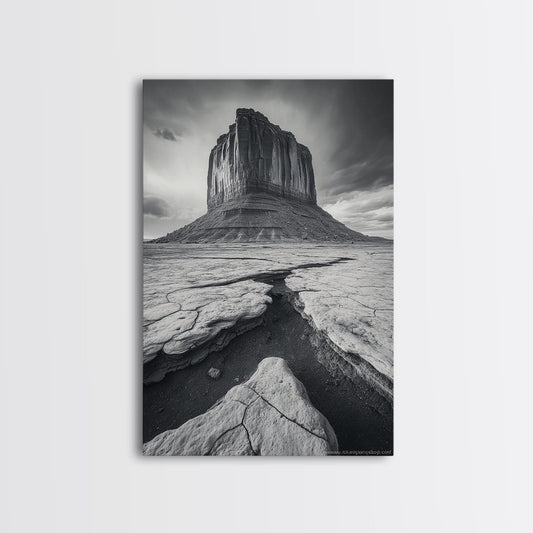 Monument Valley Cliff, Desert Rockscape, Framed Canvas Print, Western Wall Art, Office Decor, Black and White Photography