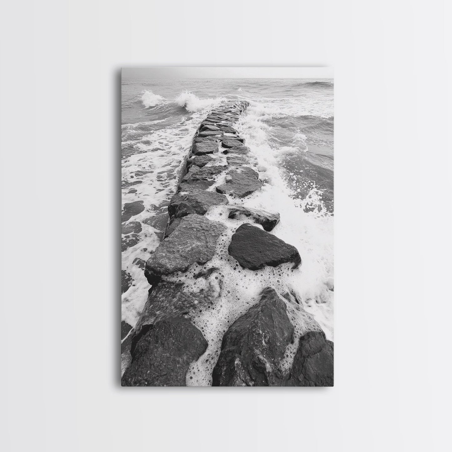Rocky surf path, ocean jetty power, dramatic sea waves, black white beachscape, Canvas Print, bathroom wall art, nautical minimalist decor
