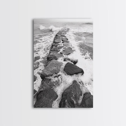 Rocky surf path, ocean jetty power, dramatic sea waves, black white beachscape, Canvas Print, bathroom wall art, nautical minimalist decor