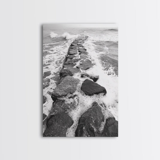 Rocky surf path, ocean jetty power, dramatic sea waves, black white beachscape, Canvas Print, bathroom wall art, nautical minimalist decor
