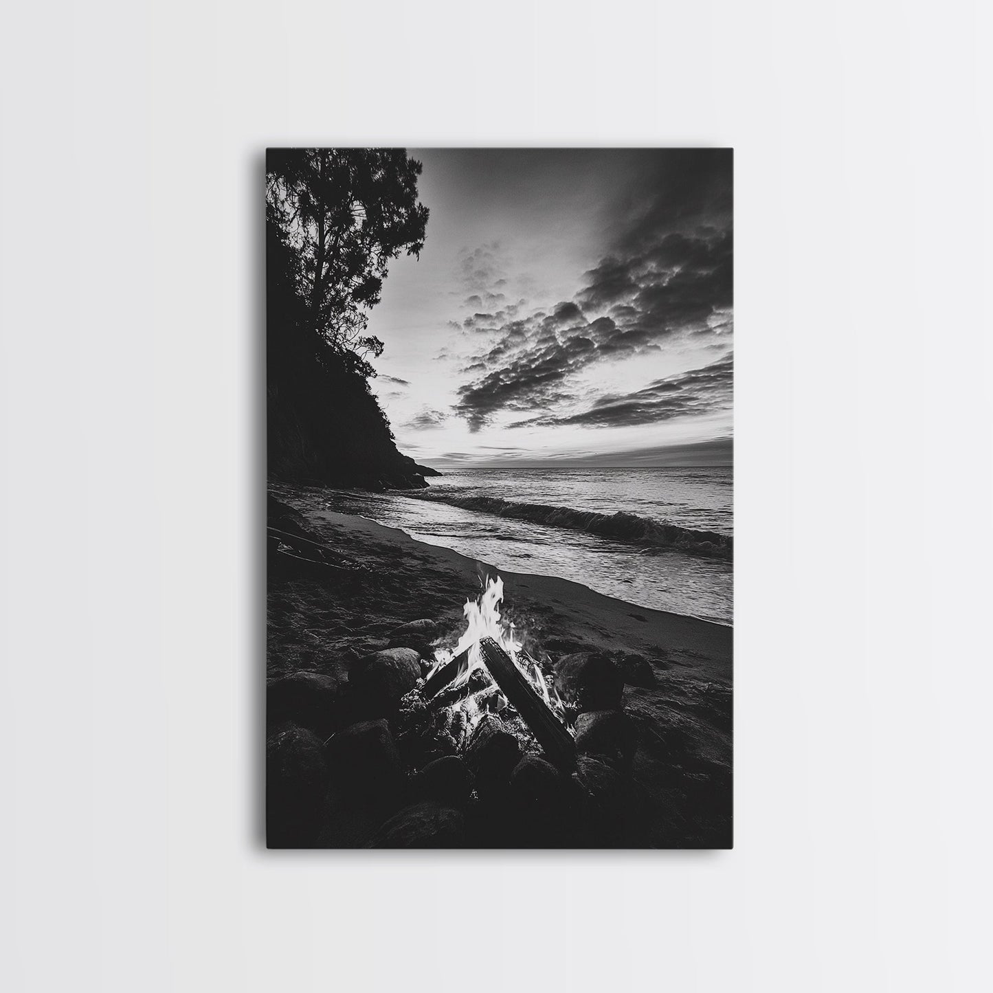 Shoreline fire night, beach flames, evening waves, rustic warmth, Canvas Print, Autumn decor, outdoor adventure minimalist wall art