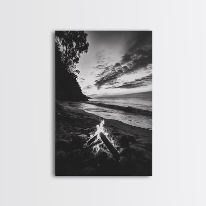 Shoreline fire night, beach flames, evening waves, rustic warmth, Canvas Print, Autumn decor, outdoor adventure minimalist wall art