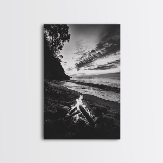 Shoreline fire night, beach flames, evening waves, rustic warmth, Canvas Print, Autumn decor, outdoor adventure minimalist wall art