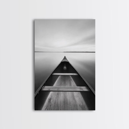 Canoe, Lake, Calm, Horizon - Minimalist lake paddle scene, Framed Canvas Print, peaceful home office art, Scandinavian decor, wilderness print