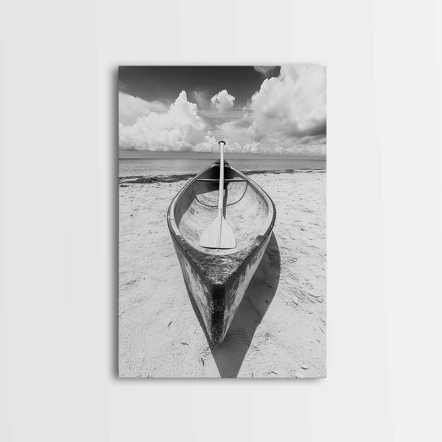 Paddle, Canoe, Beach, Clouds - Summer boating scene, Canvas Print, ideal bathroom or guestroom nautical art, rustic coastal boho wall decor