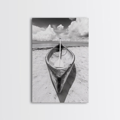 Paddle, Canoe, Beach, Clouds - Summer boating scene, Canvas Print, ideal bathroom or guestroom nautical art, rustic coastal boho wall decor