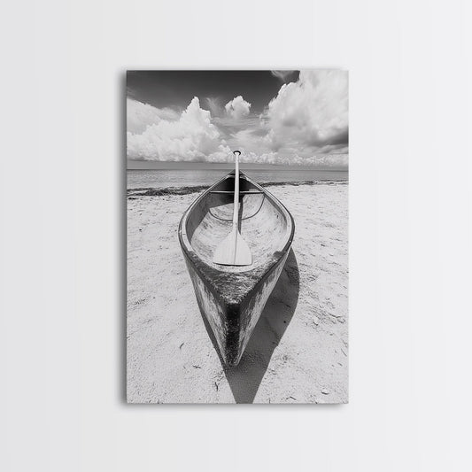 Paddle, Canoe, Beach, Clouds - Summer boating scene, Canvas Print, ideal bathroom or guestroom nautical art, rustic coastal boho wall decor