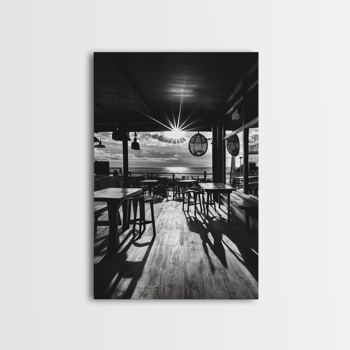 Ocean, Deck, Sunset, Rays - Golden hour beach bar shadows, Canvas Print, perfect dining room or kitchen wall art, rustic coastal decor