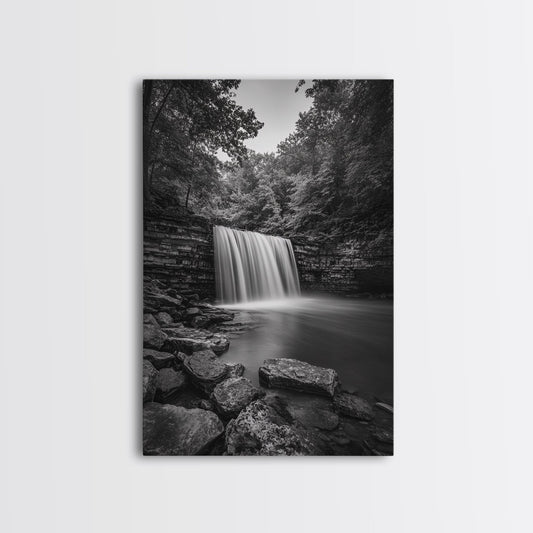 Waterfall Serenity, Nature Escape, River Rock Flow, Bedroom Wall Decor, Framed Canvas Print, Modern Rustic Forest Wall Art