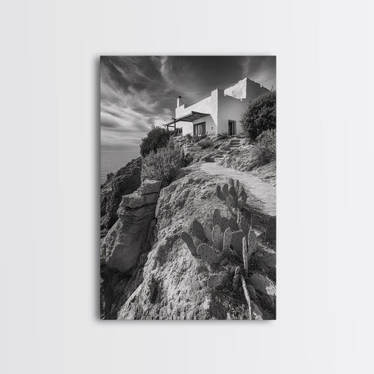 Cliffside Villa, Mediterranean Home, Desert Garden, Rustic Landscape Print, Framed Canvas Print, Modern Boho Living Room Art