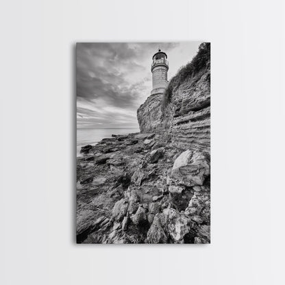 Lighthouse Beacon, Rocky Shoreline, Nautical Coastal Scene, Framed Canvas Print, Ocean View Art, Seaside Living Room Wall Decor
