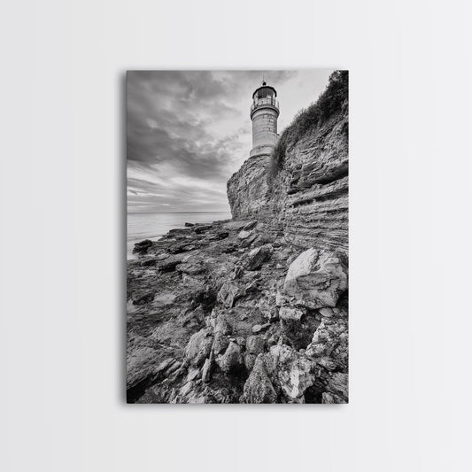 Lighthouse Beacon, Rocky Shoreline, Nautical Coastal Scene, Framed Canvas Print, Ocean View Art, Seaside Living Room Wall Decor